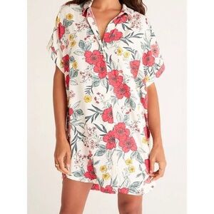 Z Supply White Floral Button-Front Short Dress with Red & Yellow Blooms